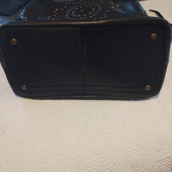 Platania Studded Lazer Cut Black Italian Leather Satchel with Swirl Design - Picture 6 of 14